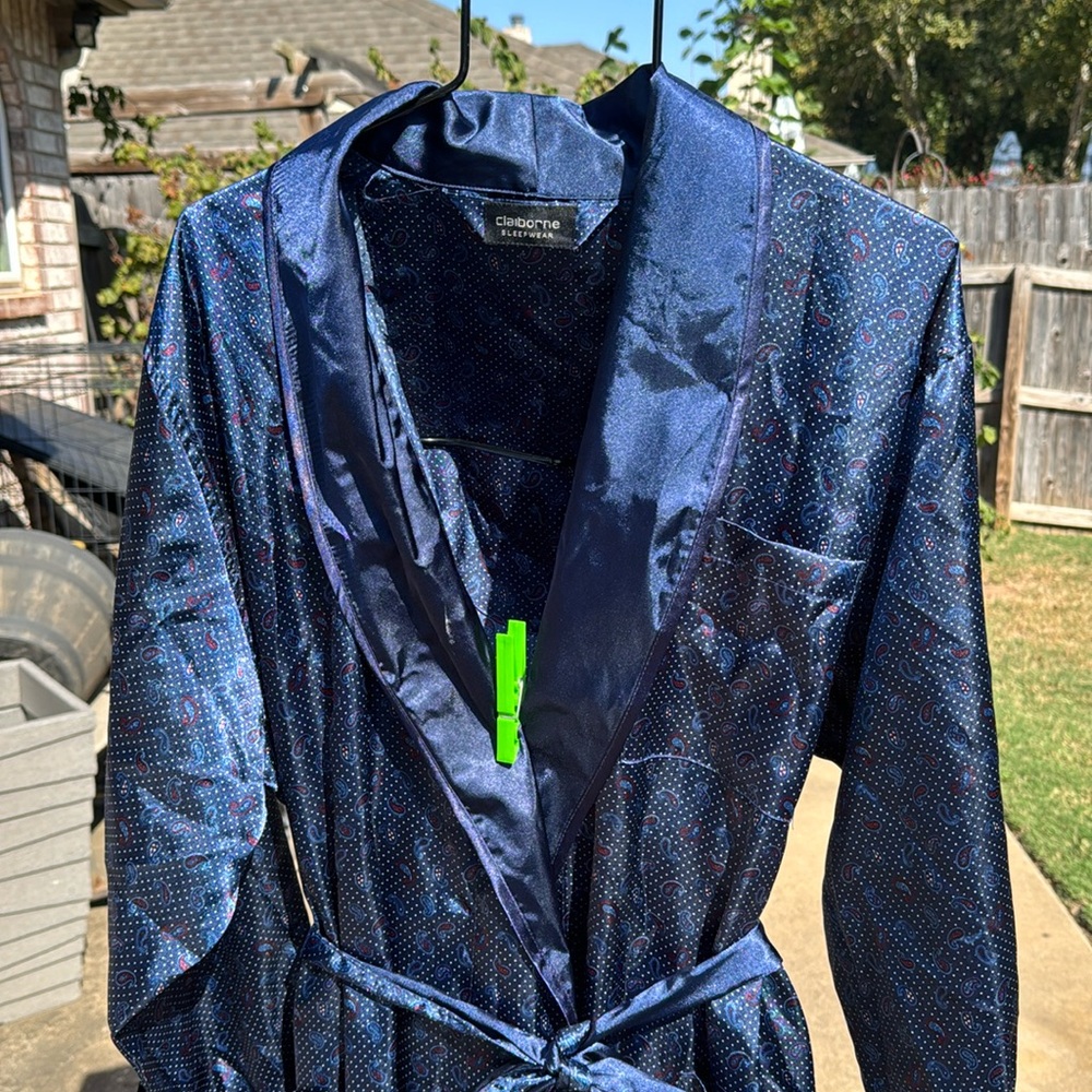 LNOS Vintage Claiborne Sleepwear Paisley Robe Smoking Jacket OS Navy Blue